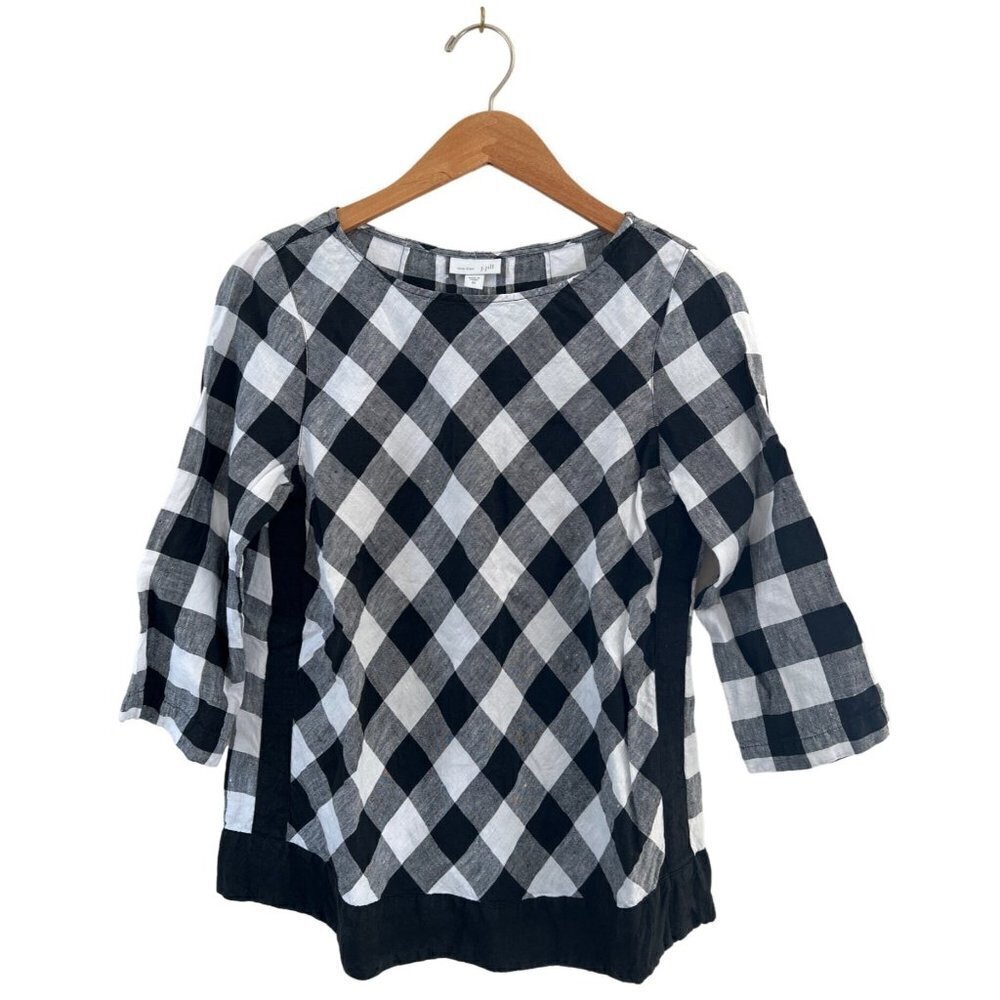 J Jill Love Linen Womens Size XS Top Black White Buffalo Weave Plaid 3/4 Sleeve